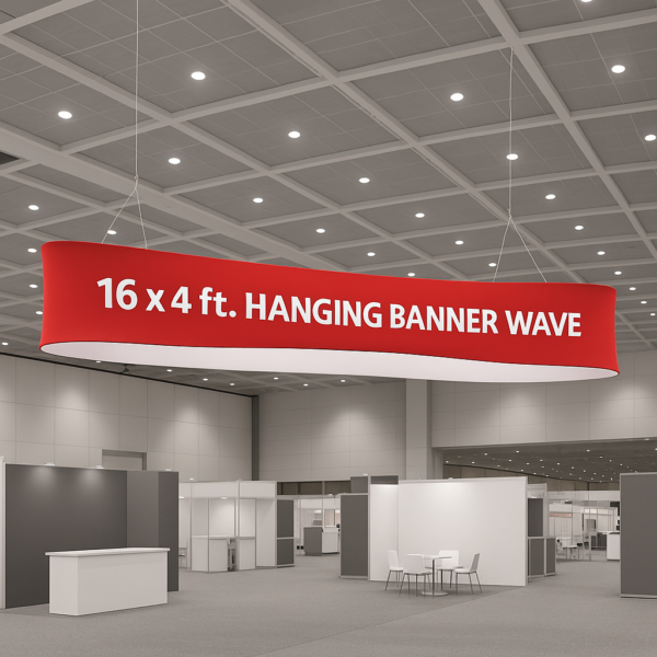 Exhibición con banner colgante rojo