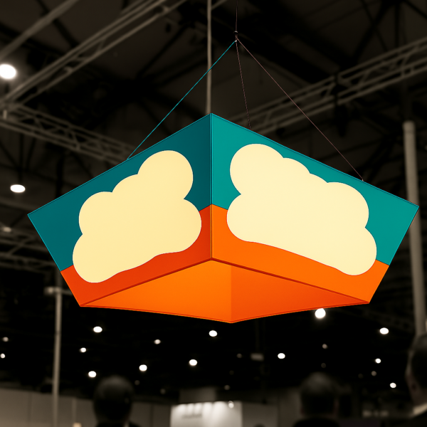 Pancarta suspendida con diseño de nubes