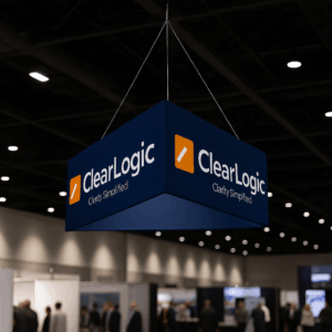 Cartel promocional ClearLogic en exposición