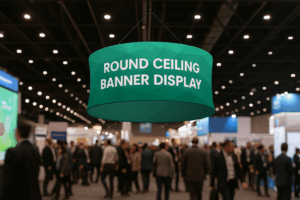 Exposición con banner colgante azul