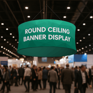 Exposición con banner colgante azul