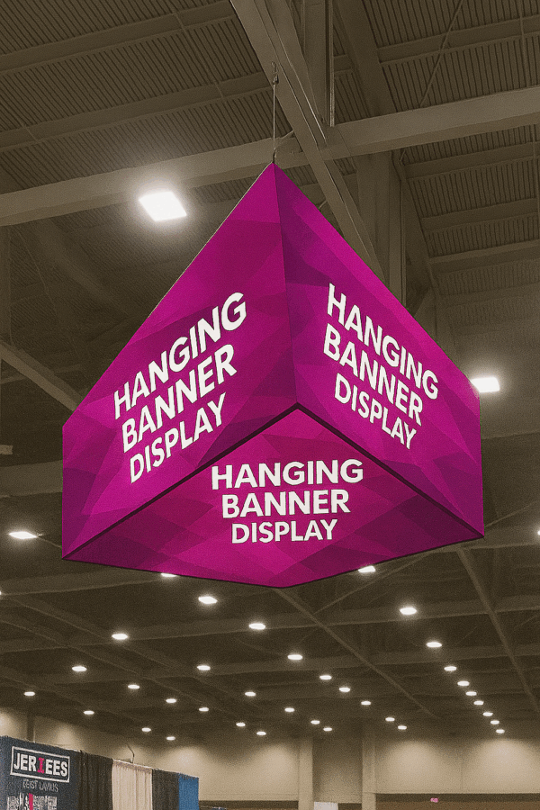 Exposición con banner magenta colgante